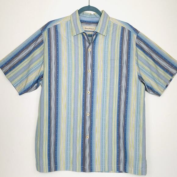 TOMMY BAHAMA Silk Cotton Stripe Shirt Men M Blue Green SS Button Up Hawaiian EUC - Picture 1 of 7